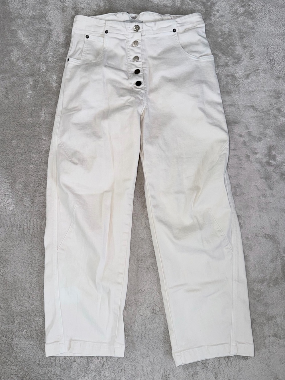 Rachel Comey Elkin Pants Button Fly Back Buckle Stretch Denim Size 0 Ivory FLAWS
